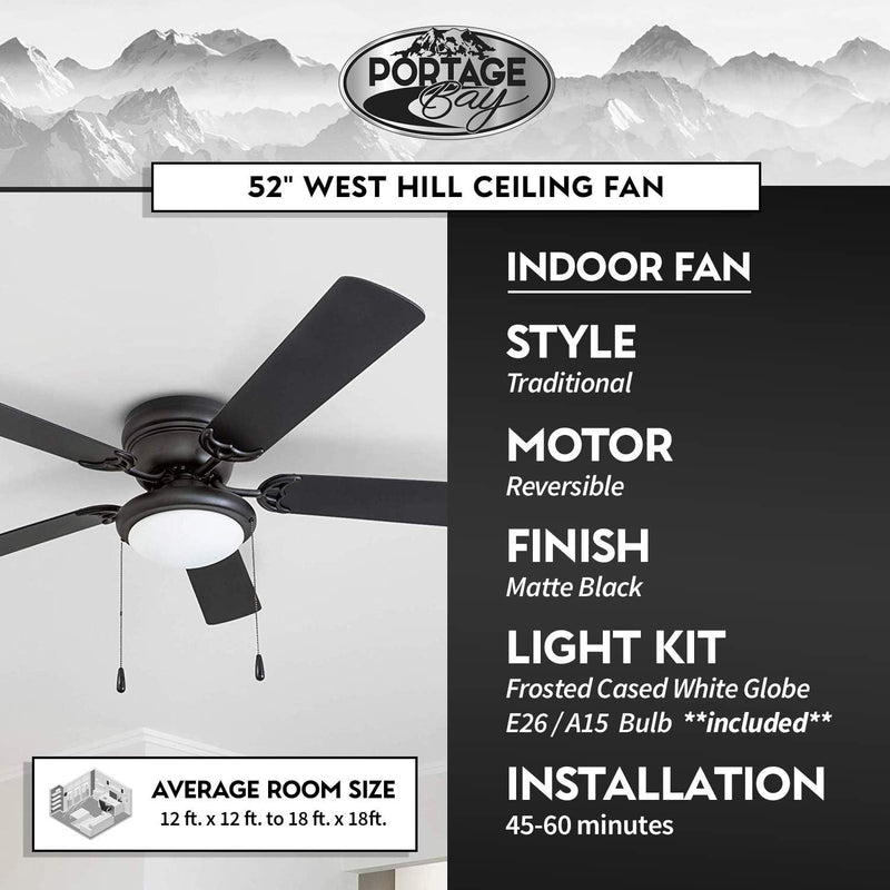 52" West Hill 5-Blade Hugger-Style Ceiling Fan with Dimmable Light -Matte Black