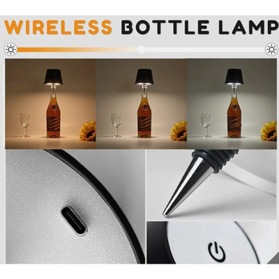 LED Wine Bottle Lamp 3-Color Wireless Bottle Table Touch Control - Black