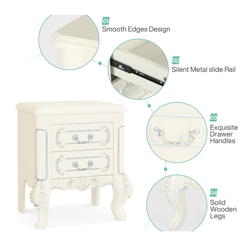 Tribesigns Carved Nightstand, Classical Bedside Table End Table, 2 Drawers White