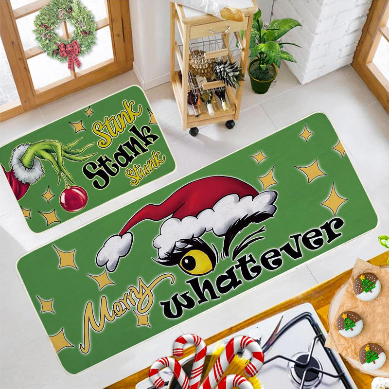 Set-of-2 Grinch Christmas Floor Mats, Non-Slip Soft Washable, Holiday Decor