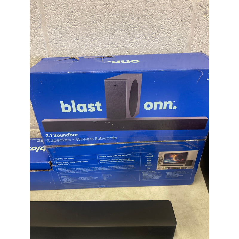 Onn. 32" 2.1 Soundbar w 2 Speakers & Wireless Subwoofer, Bluetooth, 480W, Read