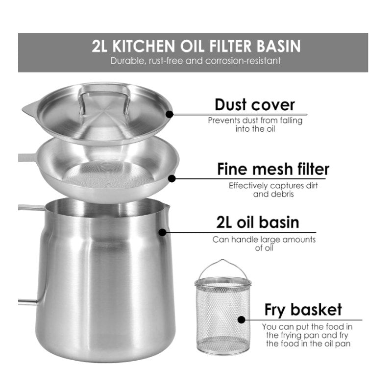 Home Selection 2L Oil Strainer Pot - Stainless Steel w Filter Lid/Frying Basket