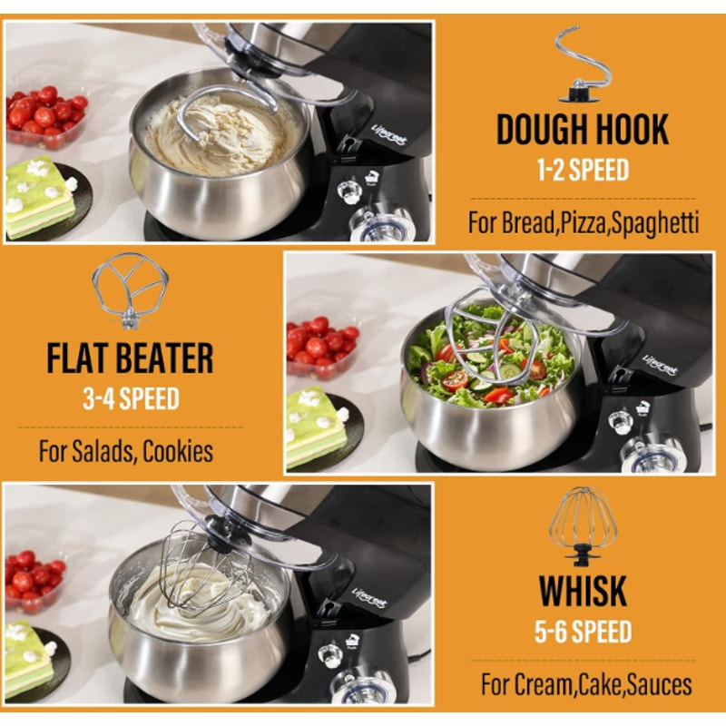 Lifecreek 3in1 Stand Mixer 5.3Qt 660W 6-Speed Tilt-head Dough Hook Whisk Beater