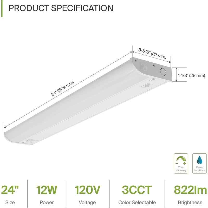 ASD LED Under Cabinet Bullnose Lighting with 1 Power Outlet, 24in 12W - White