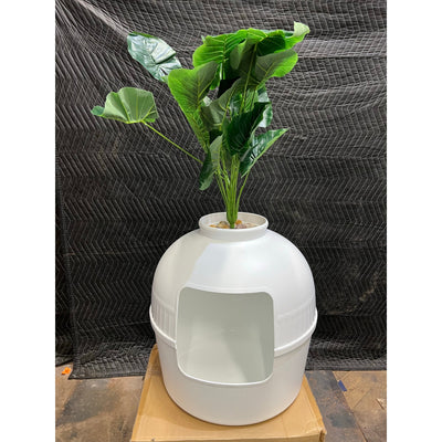 Hawsaiy Hidden Cat Litter Box Enclosure w 40" Faux Plant & Real Stones, White