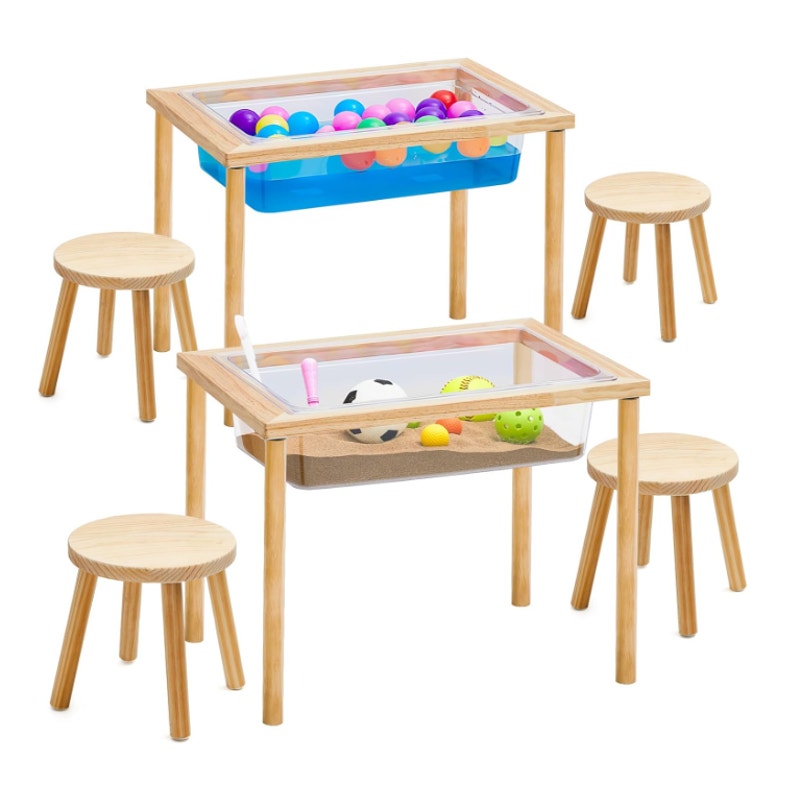 Briwooody 2-Sensory Tables w 4-Wooden Stools, Activity Tables for Sand and Water