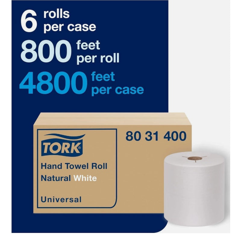 6-Pack 8" Rolls Tork Universal Hand Towel Rolls, 1-Ply Natural White H80