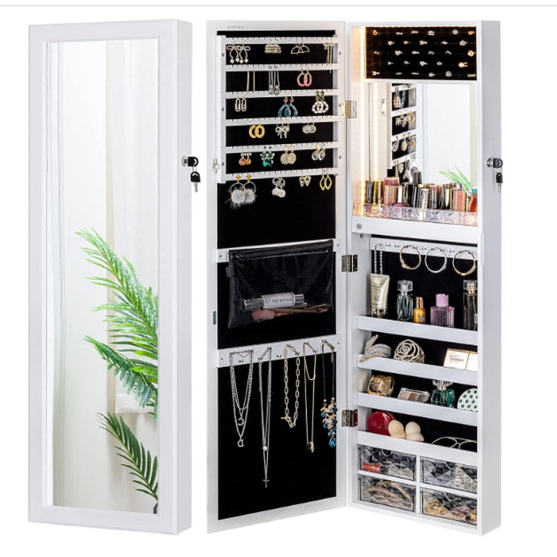 LUXFURNI Mirror Jewelry Cabinet Armoire, Standing, Wall or Door Mounted 42.5" x 14.5"