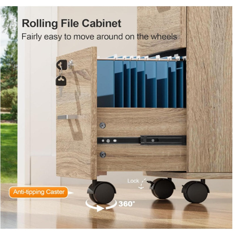 VINGLI 3-Drawer File Cabinet with Lock, 26" H - Wood Rolling Filing Cabinets Oak