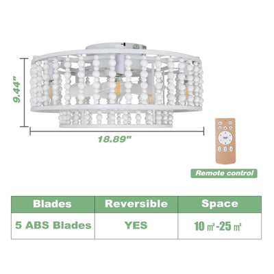 Boho Wood Beaded Ceiling Fan with Light and Remote, 19" Caged Ceiling Fan White