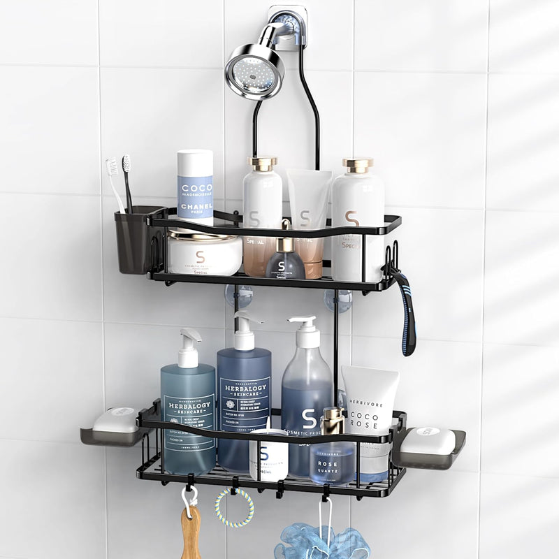 Hanging Shower Caddy Bathroom Organizer: Rustproof Shelf Racks and Hooks, BLACK