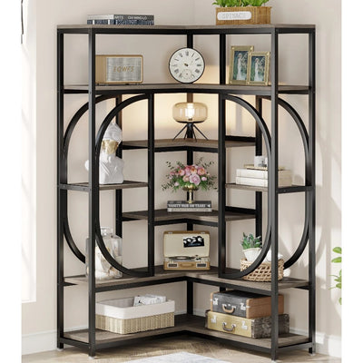 Tribesigns 7-Shelf Corner Bookshelf, L-Shaped Bookcase Display Rack Brown/ Black