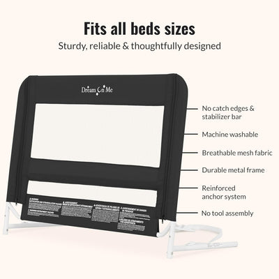 Dream On Me Breathable Mesh Security Bed Rail with Reinforced Anchor - Black