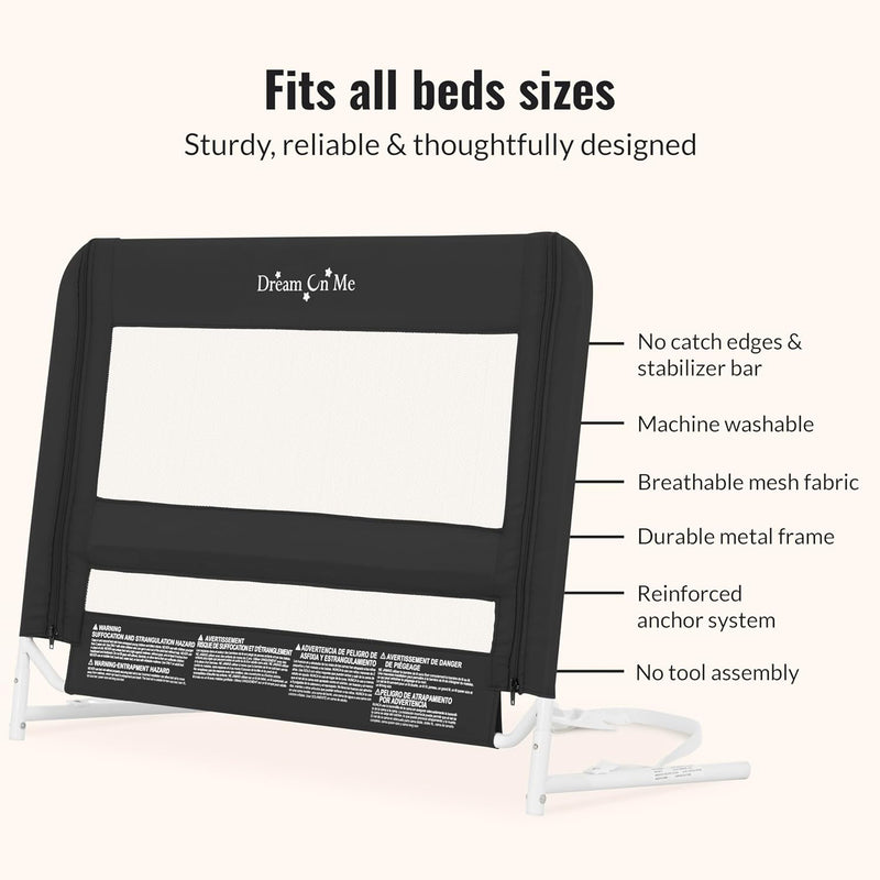 Dream On Me Breathable Mesh Security Bed Rail with Reinforced Anchor - Black