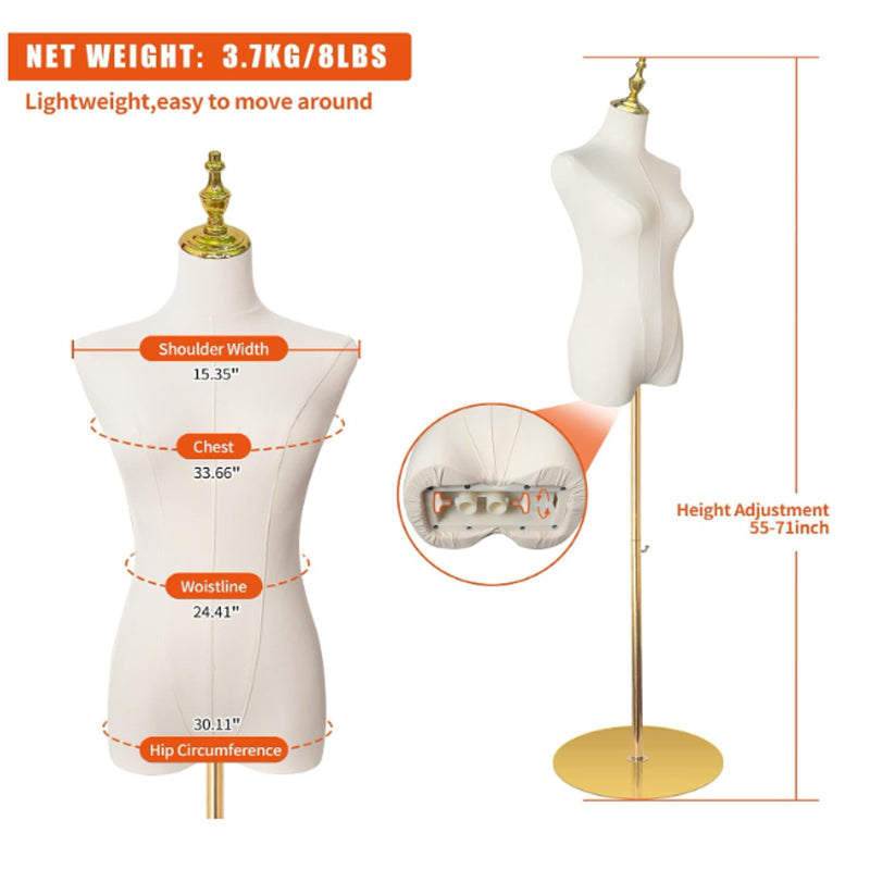 DamyTroso Female Mannequin Torso, Dress Form for Sewing 55-71" Height Adjustable