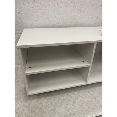 38" Wood Coffee Table TV Stand w Storage, 3 Shelves, 4 Rotating Casters, White