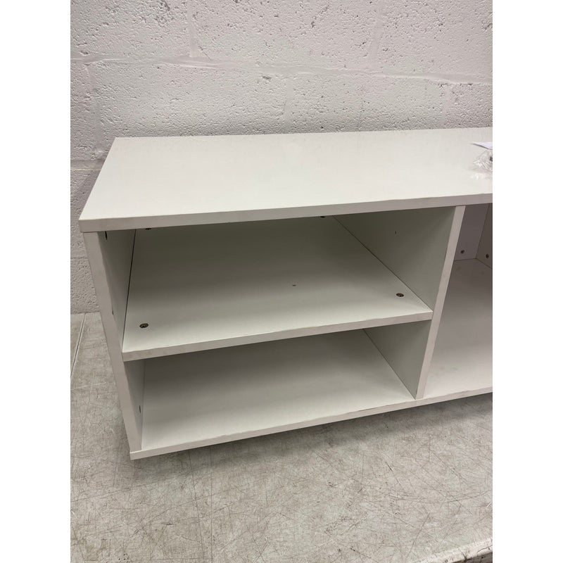 38" Wood Coffee Table TV Stand w Storage, 3 Shelves, 4 Rotating Casters, White