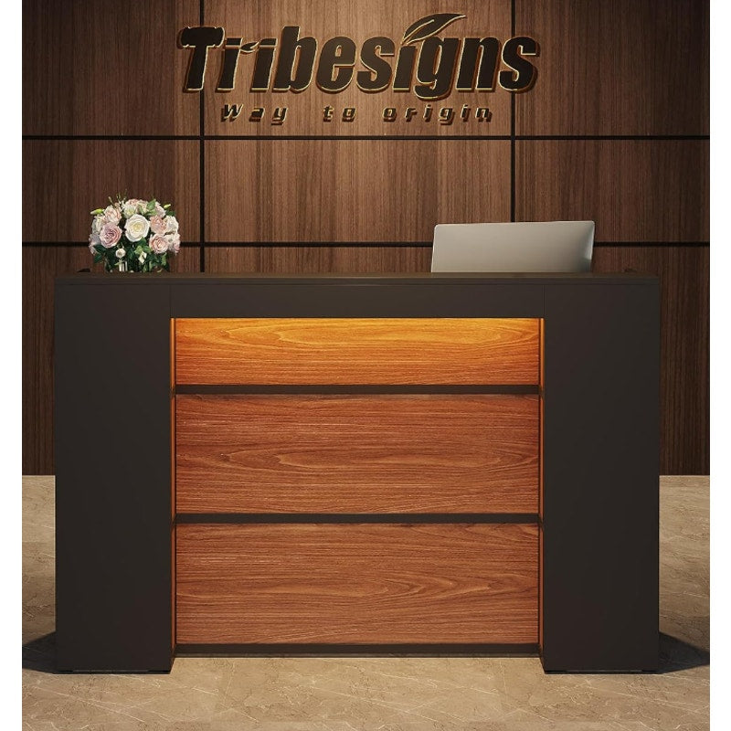 Tribesigns Modern 63" Reception Desk Large Counter Table Front Desk w LED Lights