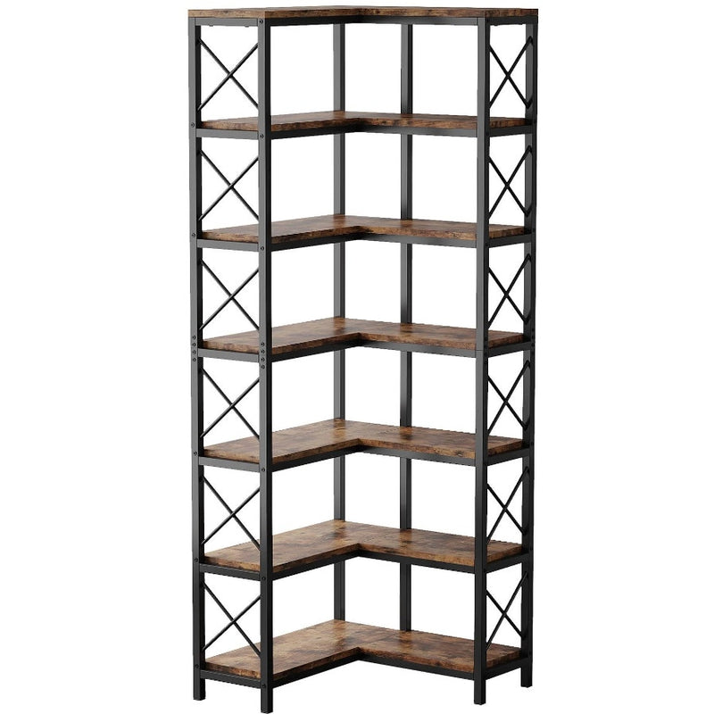 Tribesigns Corner Bookshelf 7-Tier Bookcase Storage Display Rack Rustic, Brown
