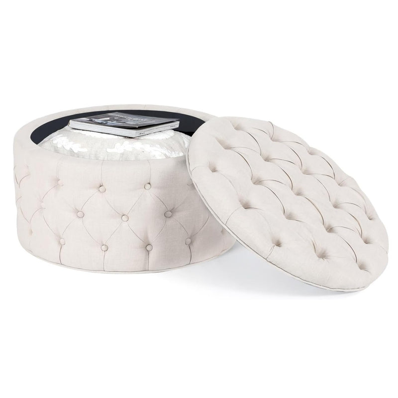 Homebeez 28" Round Storage Ottoman Button-Tufted Fabric Footrest Stool - Cream