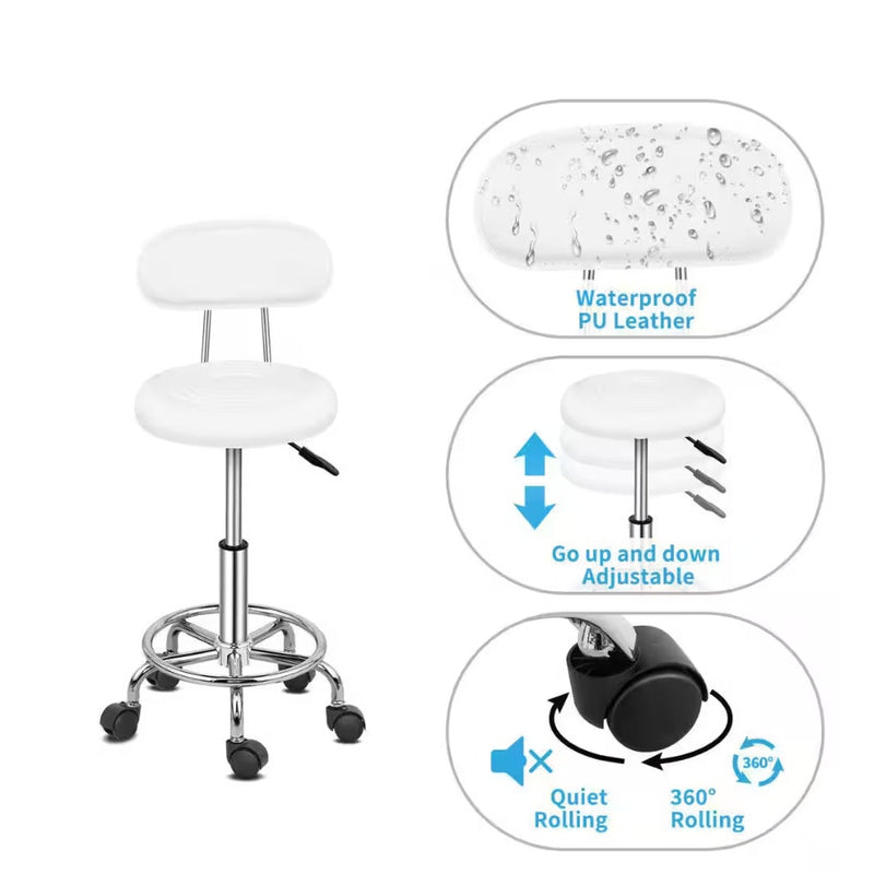 Karl home PU Leather Adjustable Stool / Chair with Backrest & Wheels  - White