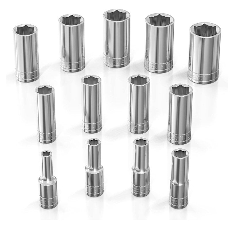 Olsa Tools SAE Socket Set 13pc, 3/8-Inch Drive, 6-Point Deep Socket Set 1/4"-1"