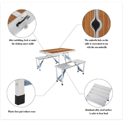 Portable Folding Picnic Table With 4-Person Chair Seats Wood Aluminum Alloy