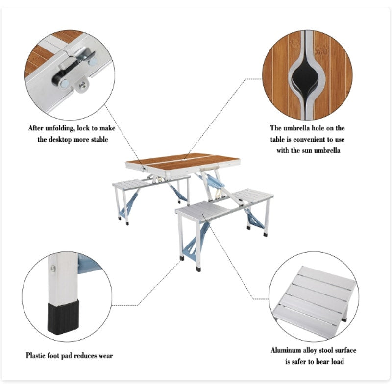 Portable Folding Picnic Table With 4-Person Chair Seats Wood Aluminum Alloy