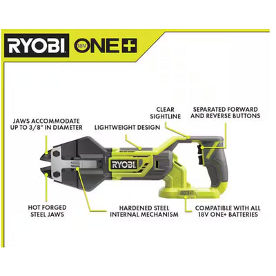 RYOBI ONE+ 18V Cordless Bolt Cutters, Hot Forged Steel Jaws - TOOL ONLY - P592