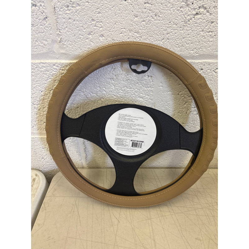 AutoCraft Action Grip Steering Wheel Cover Tan Faux Leather, Fits 14.5" - 15"
