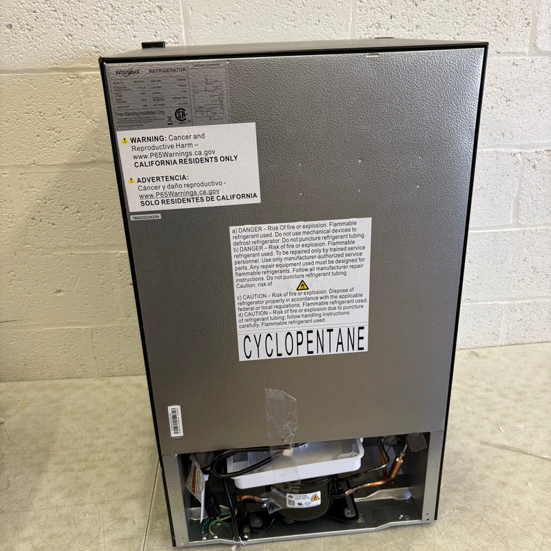 Whirlpool 3.1cu ft Mini Refrigerator & Freezer, Stainless Steel 2 Shelfs, Ding /Dent