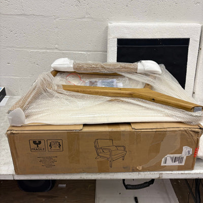 VINGLI Modern Accent Chair Brown Rubber Wood Frame & Lumbar Pillow - Fuzzy White