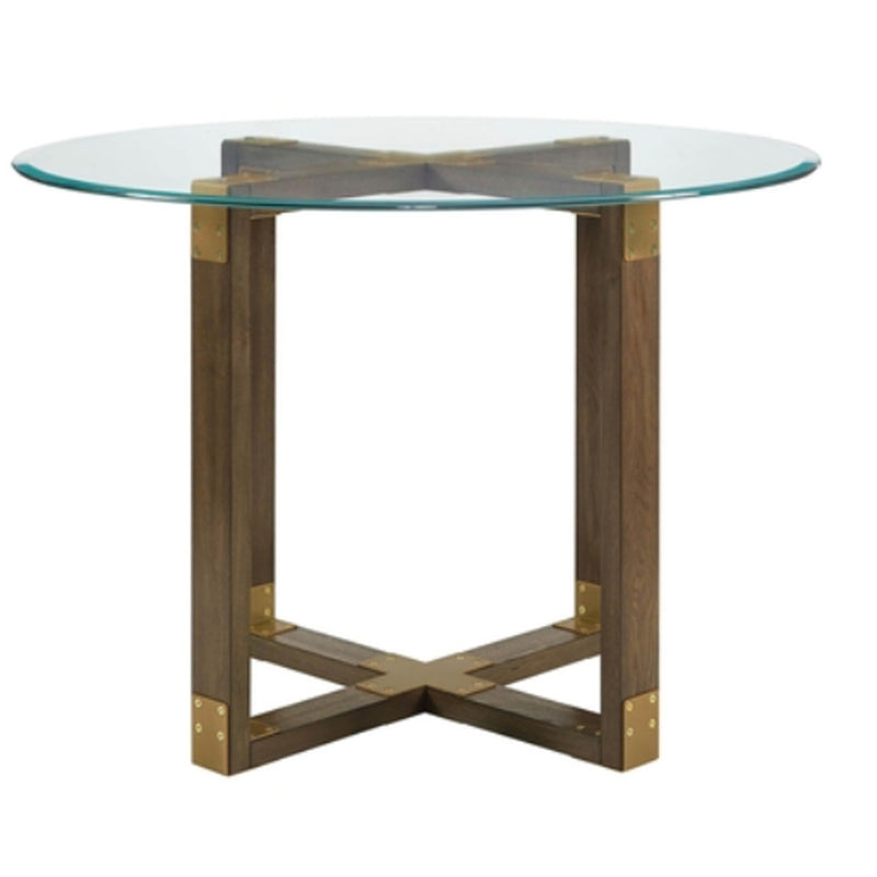 Round Glass Top Wooden Dining Table, Indoor / Outdoor, Wooden Legs Brown, READ
