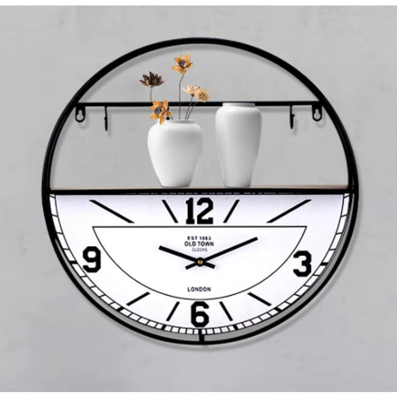 Dankeik Wall Clock & Shelf with 4 Hooks & Storage, 20-Inch Width, Black