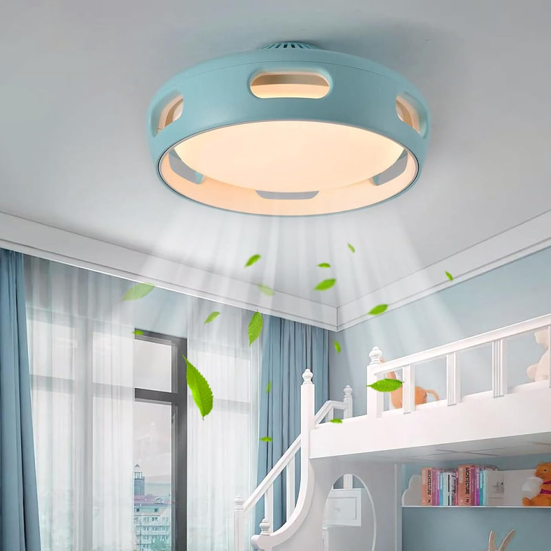 Bladeless Round Ceiling Fan Light with Remote Control, 14in Light Blue Fandelier