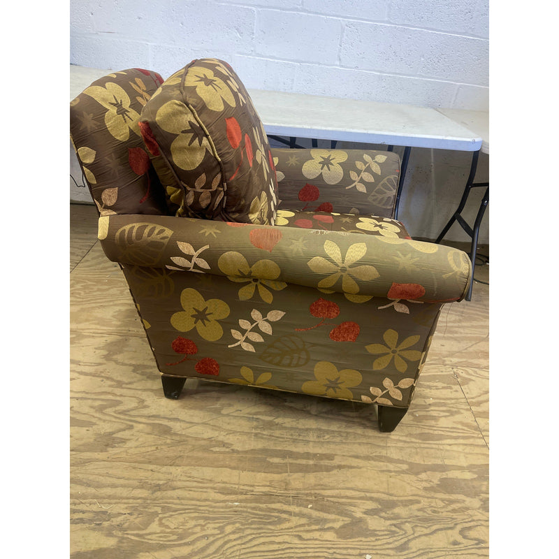 34" Armchair, Floral Design, Accent Chair, Wood Pegs, Brown/Tan/Red