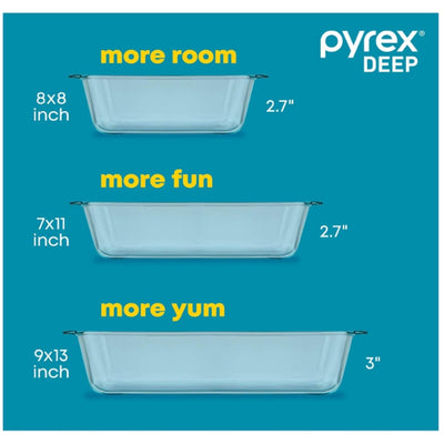 3-Pack Pyrex Deep Glass Baking Dish Set 9"x13", 7"x11", 8"x8" BPA-Free Lids