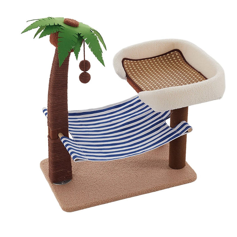 Coconut Tree Cat Tree Tower Kitten Scratching Post with Hammock and Hanging Ball