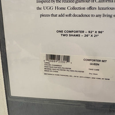 UGG Lanai Queen Comforter Set w 2 Shams, Faux Fur Soft Bedding - Chambray
