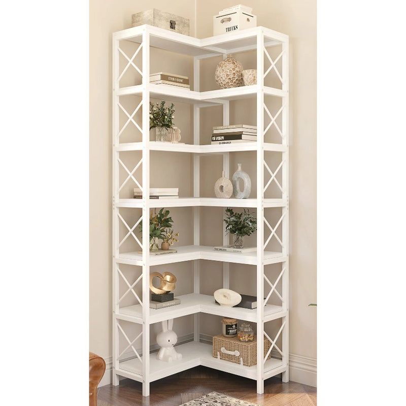 Tribesigns 7-Tier Metal Corner Bookshelf Corner Bookcase, Sturdy Storage, White