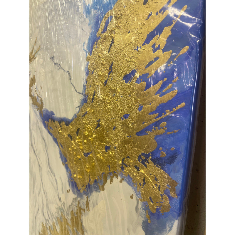 Abstract Blue, White, Gold Wall Hanging Art piece Printed 40" x 28" Wall Decor