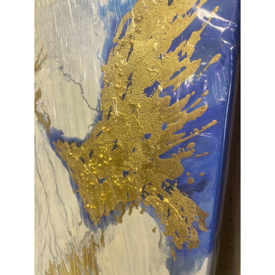 Pieza de arte abstracta para colgar en la pared, azul, blanco y dorado, impresa en 40" x 28"