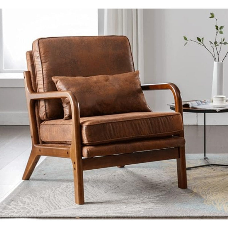 VINGLI Modern Accent Chair Brown Rubber Wood Frame & Lumbar Pillow - Brown