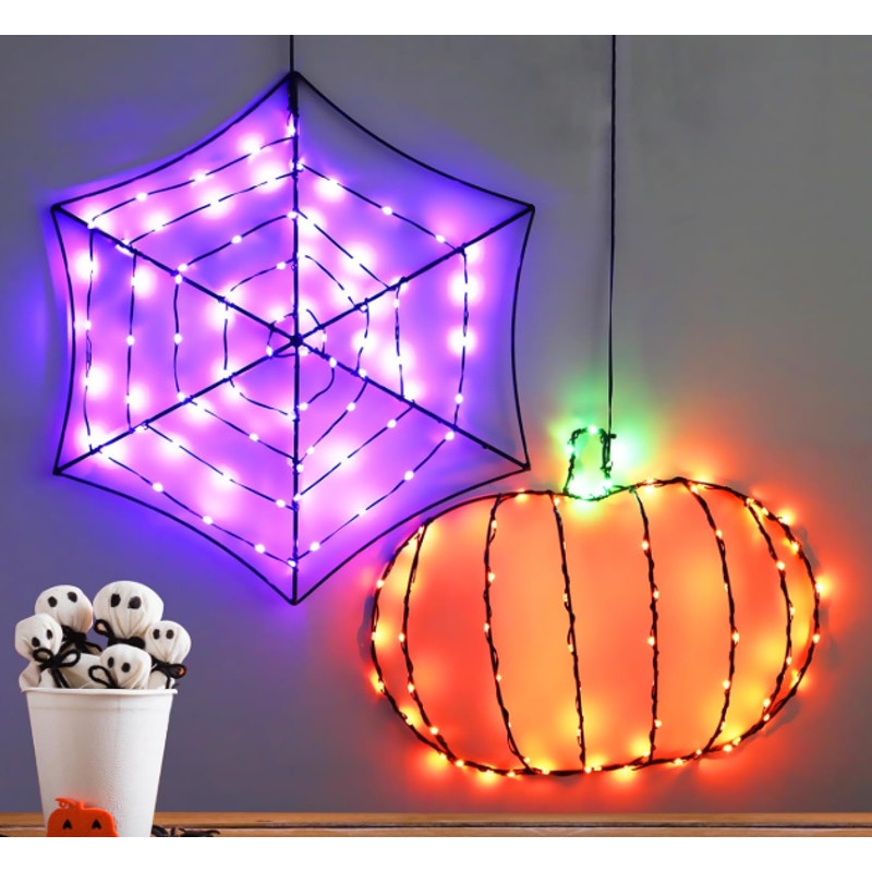 Halloween Lights Indoor Window Decorations, 2-Pack 18” Spider Web & 15” Pumpkin