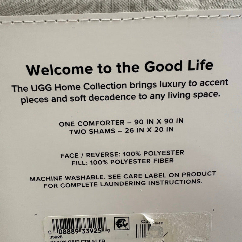 UGG Devon Queen Comforter Set w 2 Shams, Soft Bedding, Square Design - Gray