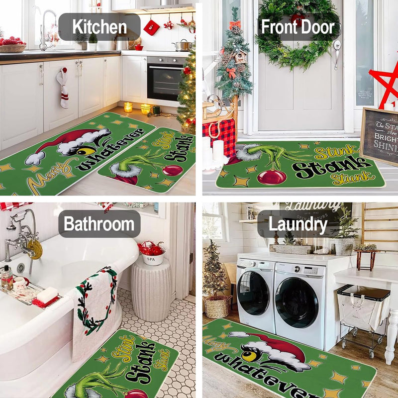Set-of-2 Grinch Christmas Floor Mats, Non-Slip Soft Washable, Holiday Decor