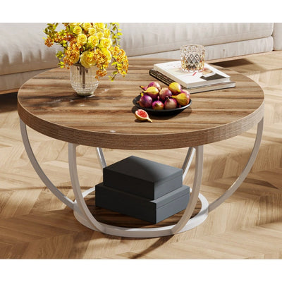 Tribesigns 32" Wooden Coffee Table 2-Tier Round Cocktail Table w Shelf Tan/White