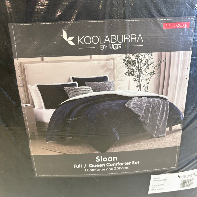 UGG Sloan Queen Comforter Set w 2 Shams, Soft Bedding Reversible - Navy Blue