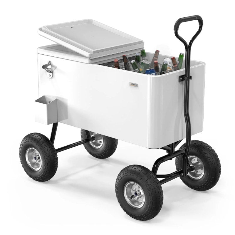 VINGLI 80QT Rolling Patio Cooler Wagon Portable Ice Chest w Bottle Opener, White
