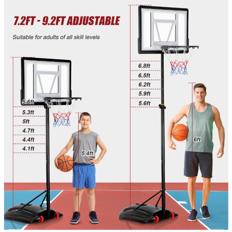 Basketball Hoop 7.2-9.2ft Adjustable, 32" Backboard, Black for Kids Youth Adults